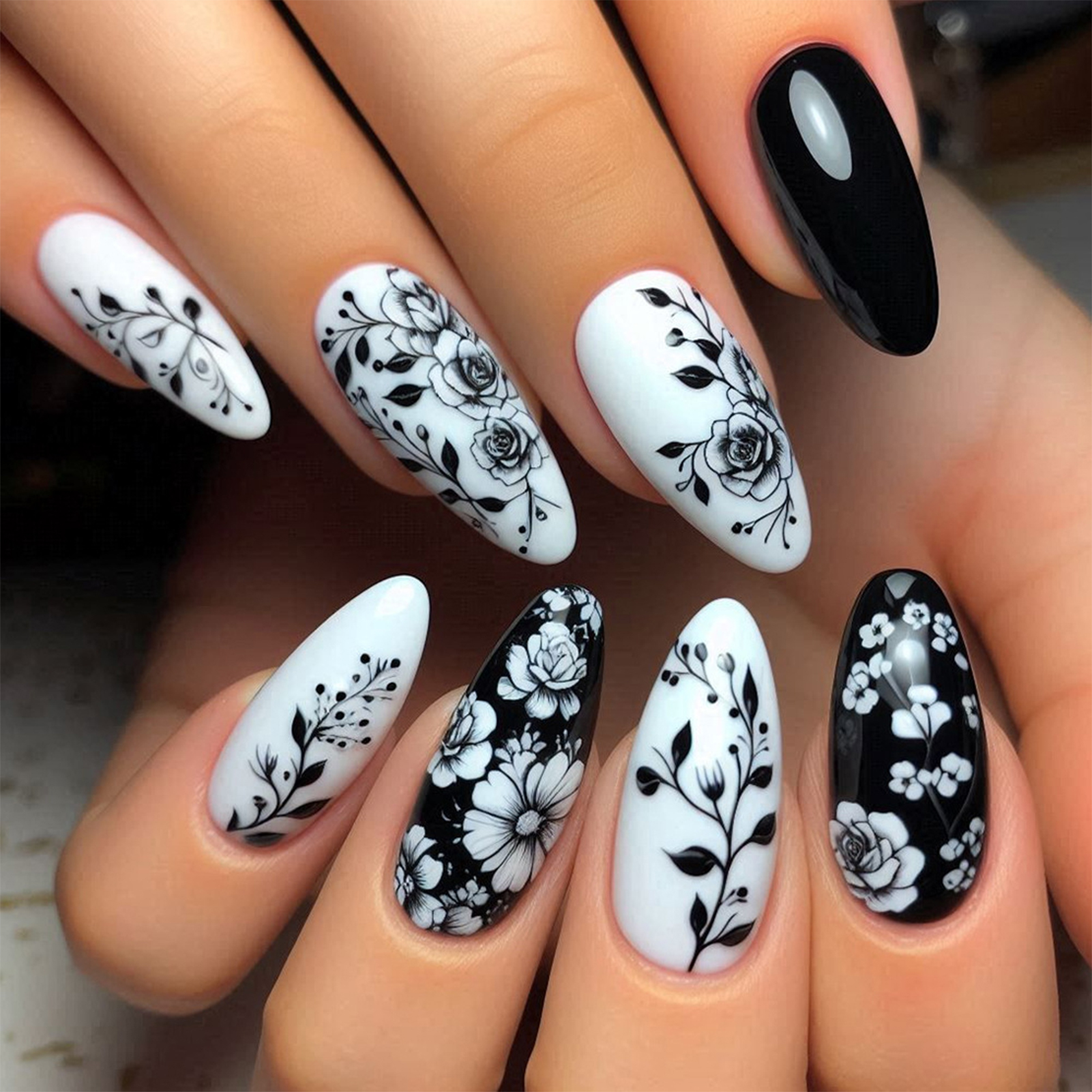 24Pcs Almond Fake Nails Black/ - Pressed Flower Art recension och pris