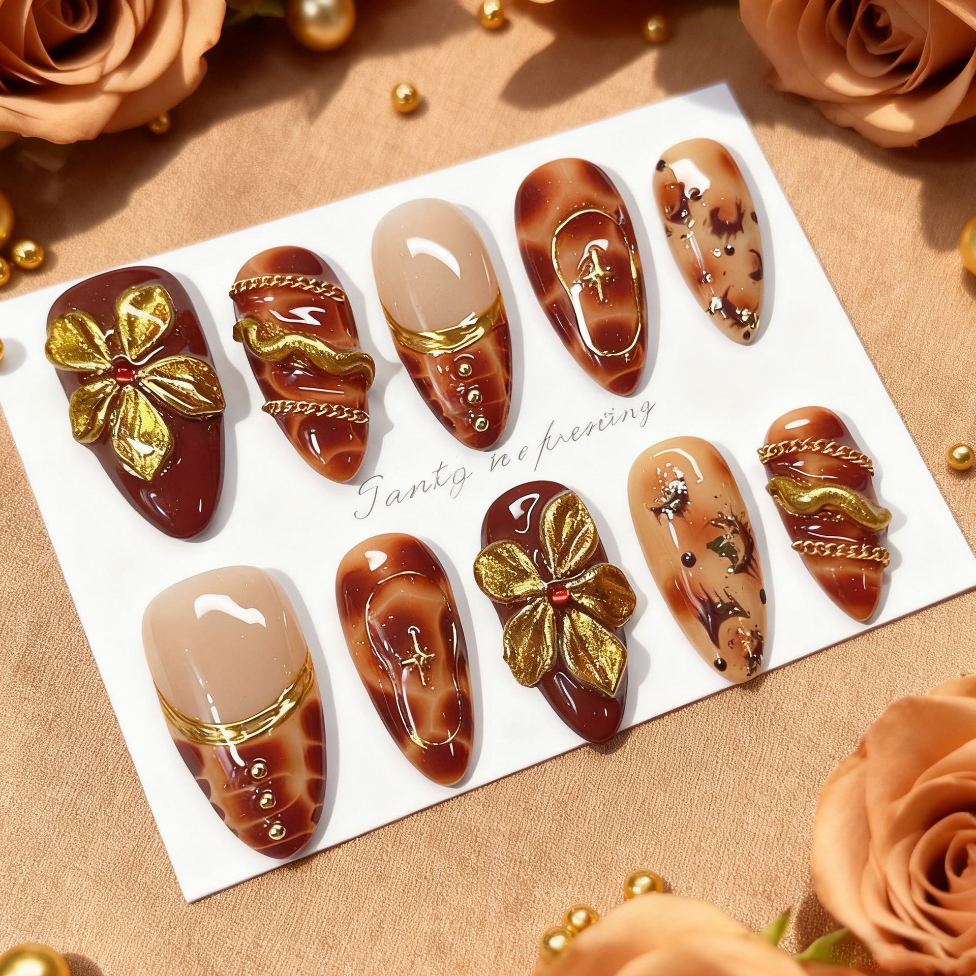 24pcs Flower False Nails Brown - Pressed Flower Art recension och pris