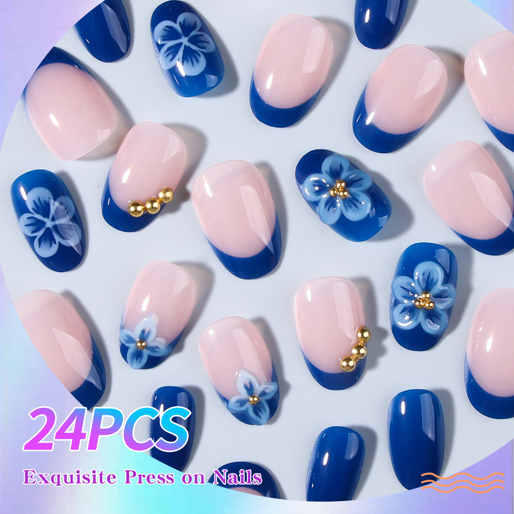 24pcs Short Oval 3D Gel Nail S - Pressed Flower Art recension och pris