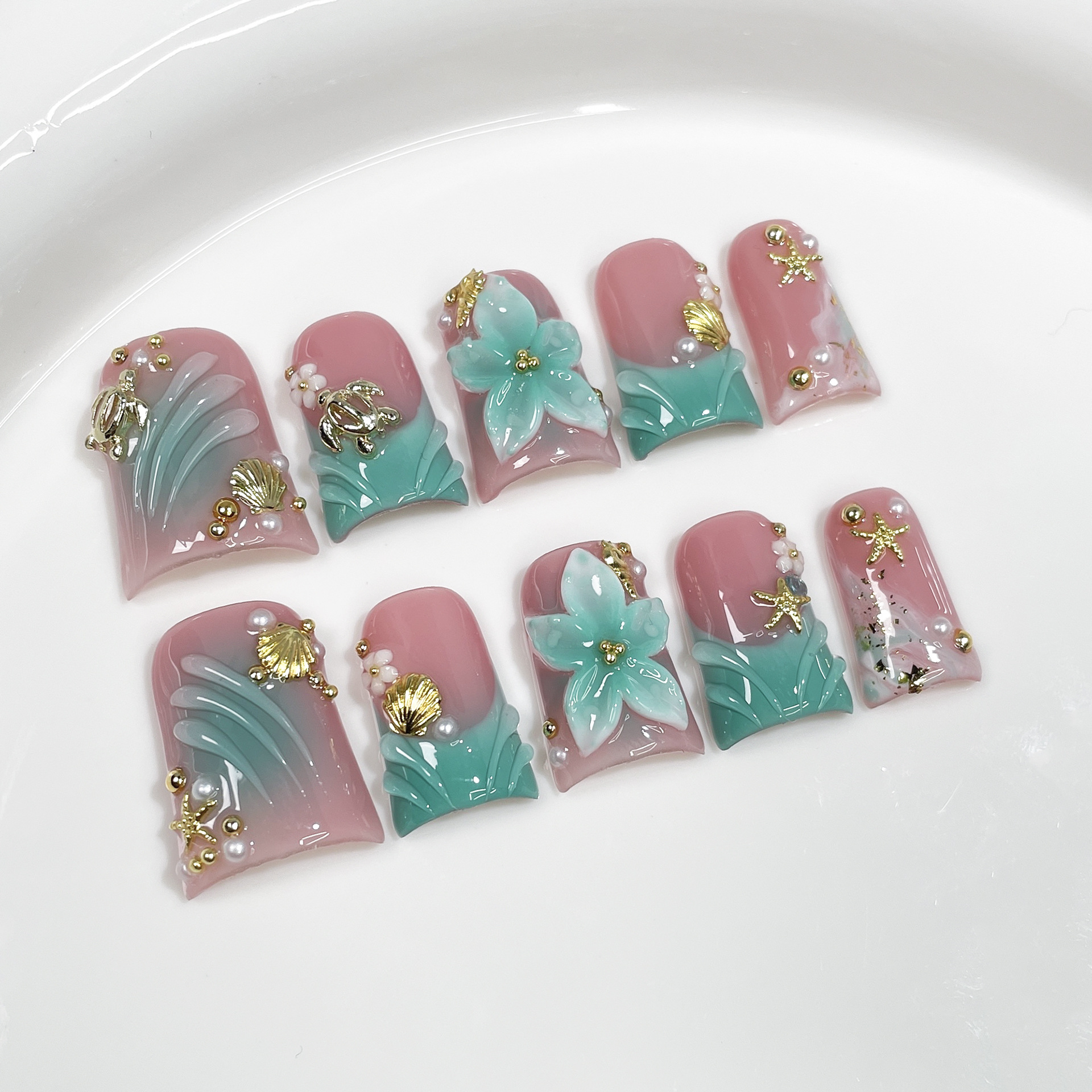 10pcs Ocean Style Fake Nails D - Pressed Flower Art recension och pris