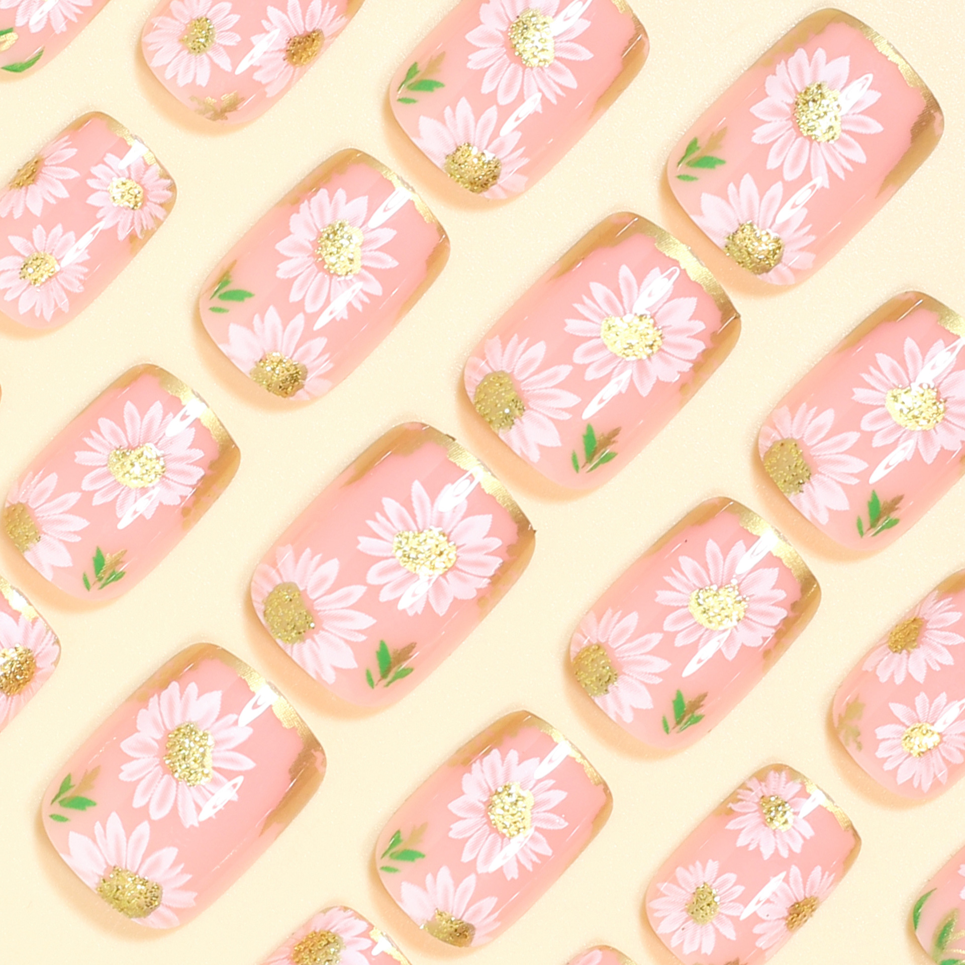 Short Square fake nails golden - Pressed Flower Art recension och pris